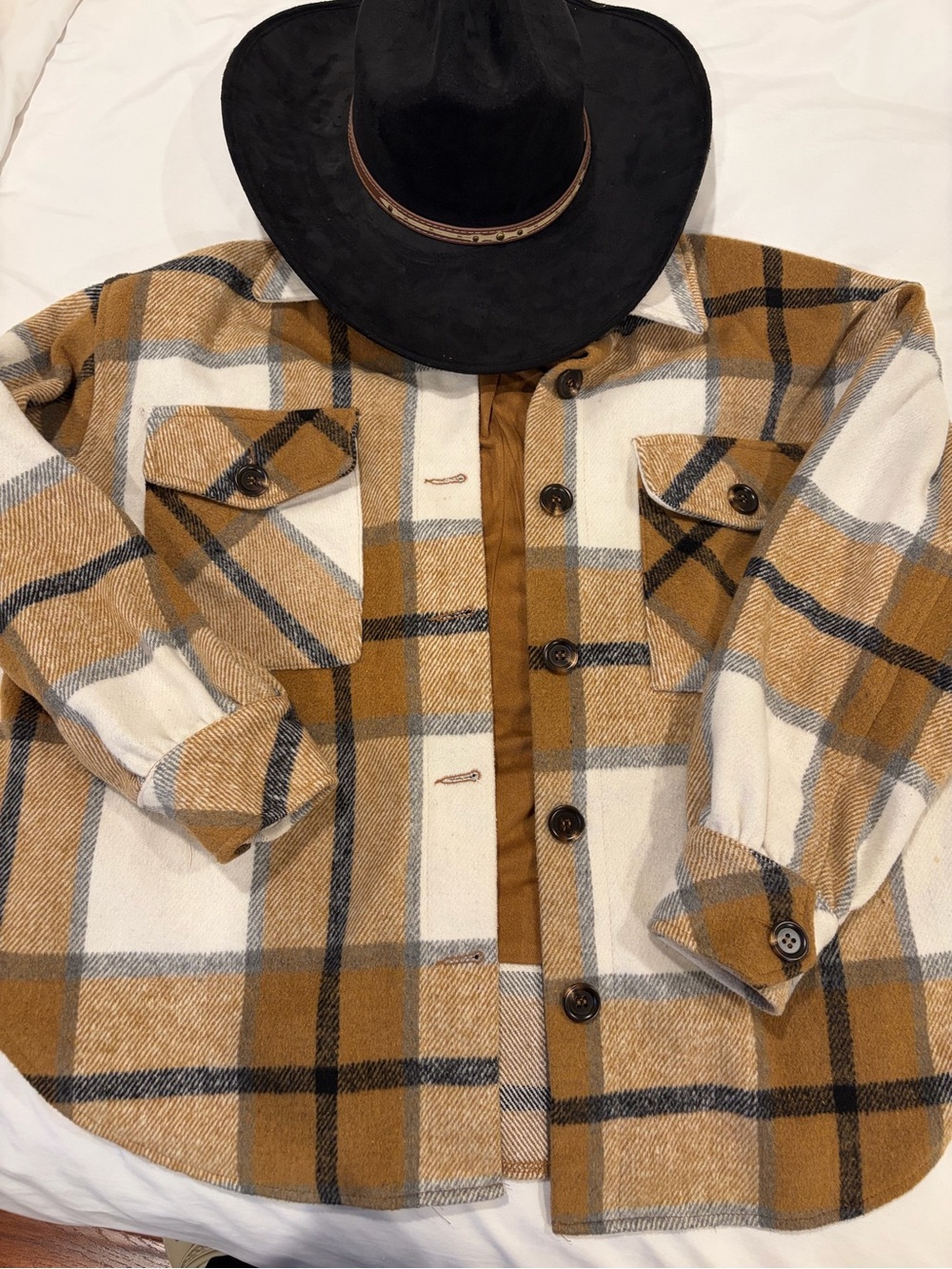 Windsor Plaid Shirt Jacket in Camel, Cream & Black